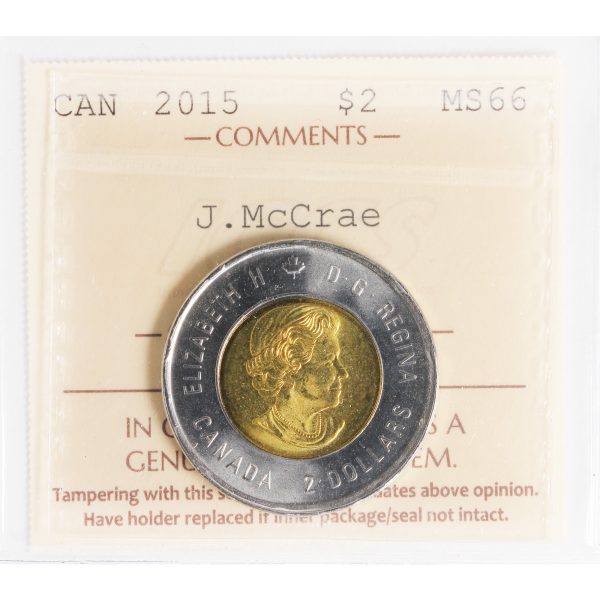 2015 John McCrae Canada Two Dollar ICCS Certified MS-66 For Sale